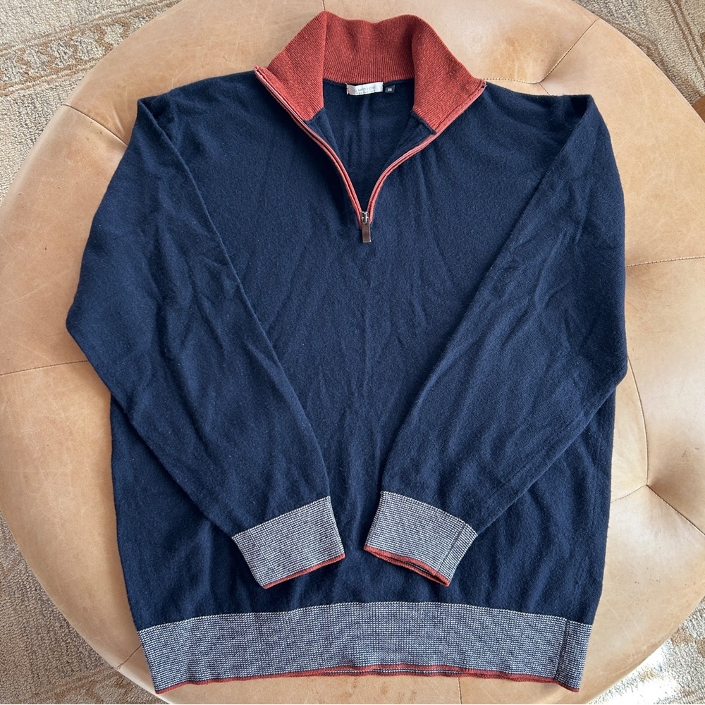 Wool Cashmere Navy Blue and Rust Half-Zip Sweater, Codice Men’s XL 56 Old Money